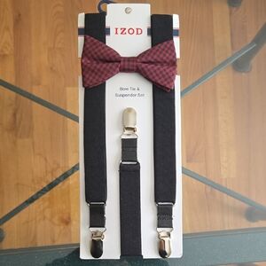 Izod Red  Plaid & Black Bow Tie & Suspender Set